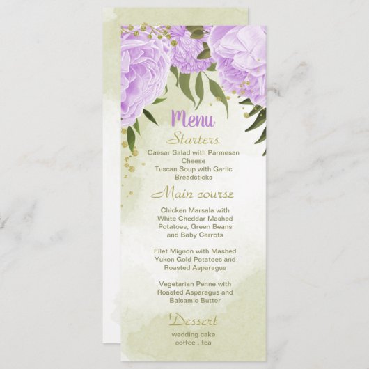 Menu fleurs violettes mariage vert (Devant / Derrière)