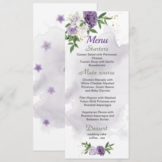 Menu fleurs violettes mariage vert (Devant / Derrière)