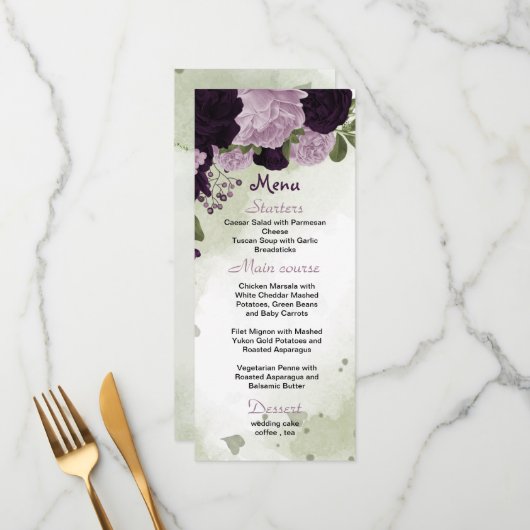 Menu fleurs violettes mariage vert (Devant/Arrière en situation)