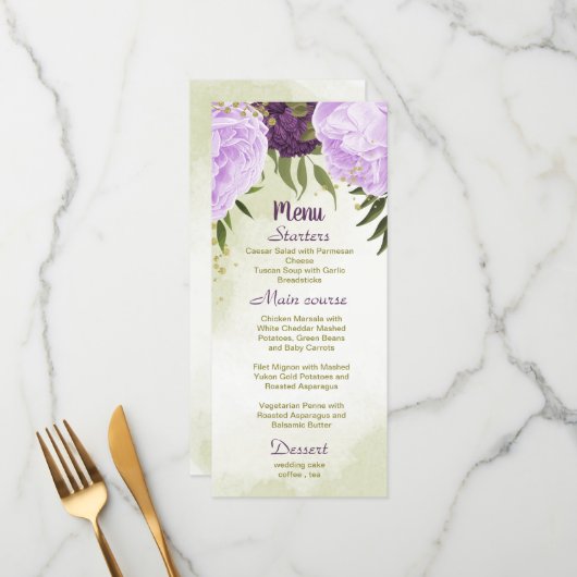 Menu fleurs violettes vert feuille mariage (Devant/Arrière en situation)
