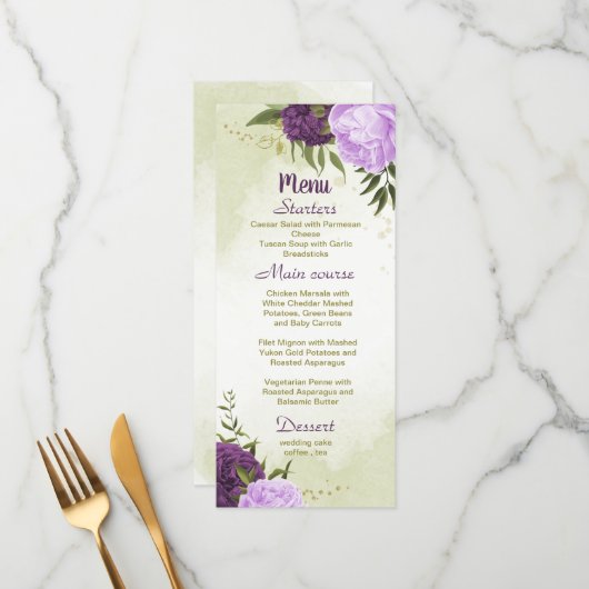 Menu fleurs violettes vert feuille mariage (Devant/Arrière en situation)