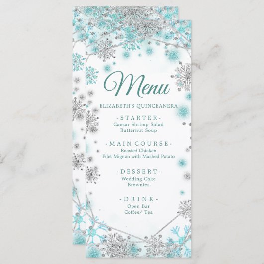 Menu Flocon de neige vert Turquoise Silver Quinceañera (Devant / Derrière)