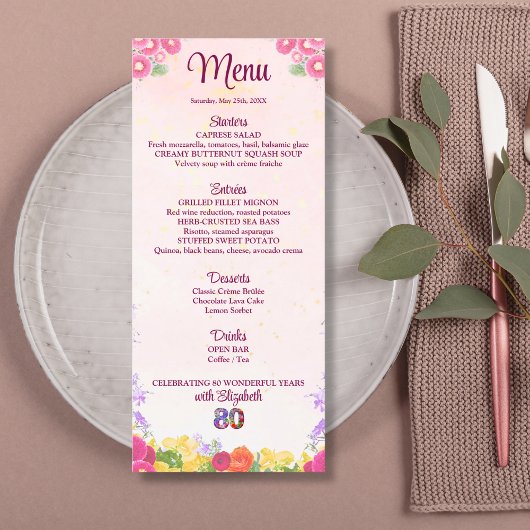 Menu Floral 80e anniversaire - Pastel Elegant 80 ans