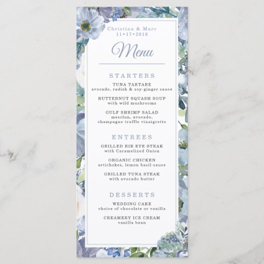 Menu floral bleu poussiéreux de mariage (Devant)