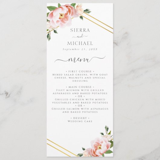 Menu Floral Blush Gold Mint Green Mariage Réception (Devant)