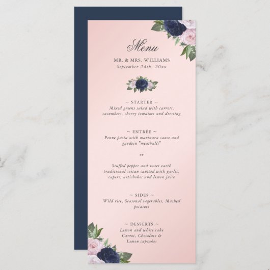 Menu Floral Blush rose marine Mariage bleu (Devant / Derrière)