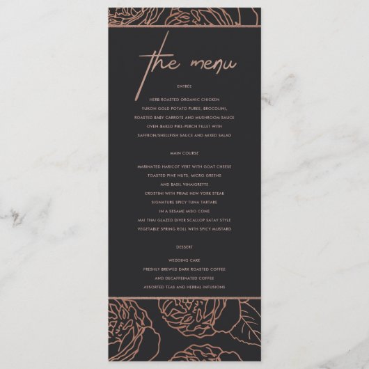 MENU FLORAL BLUSH ROSE ROSE GOLD NOIR ÉLÉGANT (Devant)