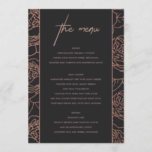 MENU FLORAL BLUSH ROSE ROSE GOLD NOIR ÉLÉGANT (Devant)