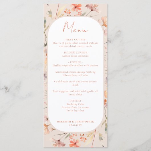 Menu Floral Boho Fleur sauvage Mariage (Devant)