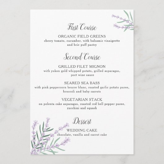 Menu floral de mariage de lavande (Devant)