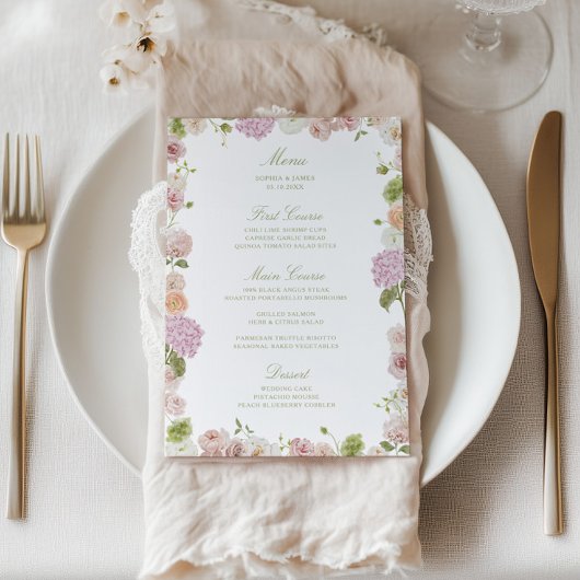 Menu Floral Elegance Pink Green Frame Wedding