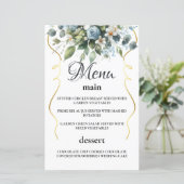 Menu floral élégant bleu et or rustique aquarelle (Debout devant)