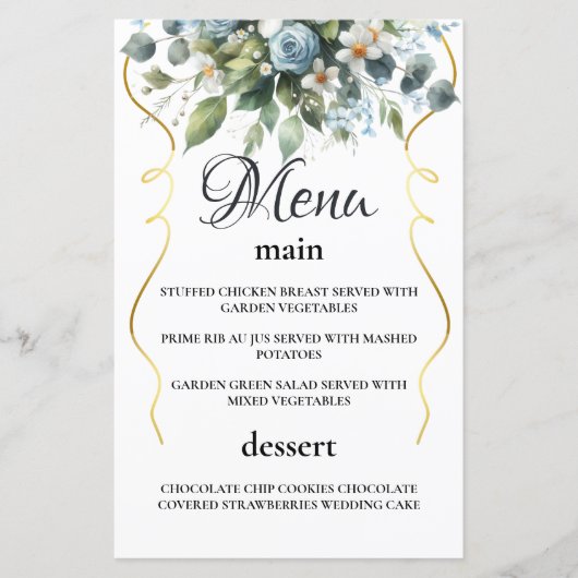 Menu floral élégant bleu et or rustique aquarelle (Devant)