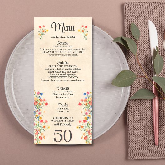 Menu Floral élégant fleur 50e anniversaire 50 ans