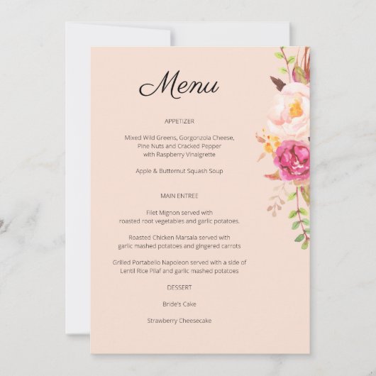 Menu floral en fleurs rose - Invitation rose (Devant)