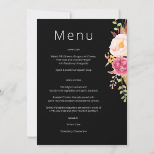 Menu floral en fleurs rose pâle - Invitation noire