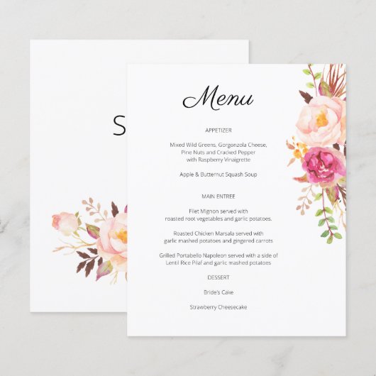 Menu Floral Fleuri Rose Budget - Blanc (Devant / Derrière)