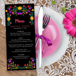 Menu Floral Floral Mariage mexicain<br><div class="desc">Menu animé et joli pour un mariage ou toute autre occasion spéciale. Ce thème floral mexicain présente des fleurs d'art populaire mexicaines colorées en rouge, rose, violet et jaune sur un arrière - plan noir. L'arrière de la carte est orné d'un bouquet floral fait de fleurs de fêtes identiques. Le...</div>