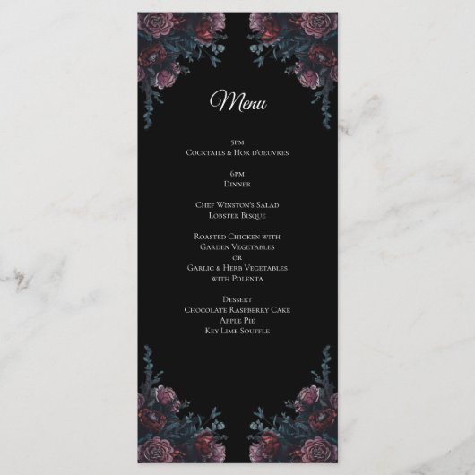 Menu Floral foncé Mariage gothique noir élégant (Devant)