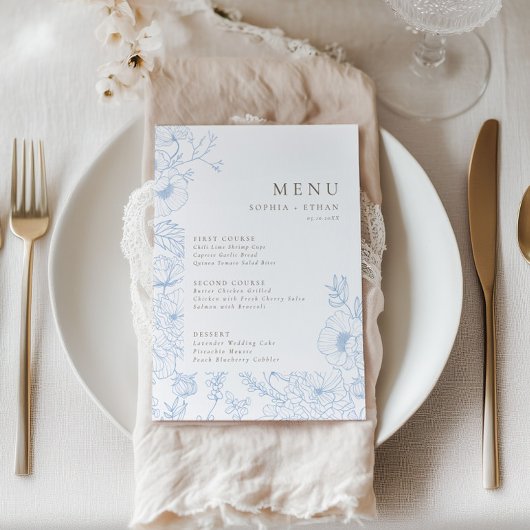 Menu Floral Line Art Mariage bleu français