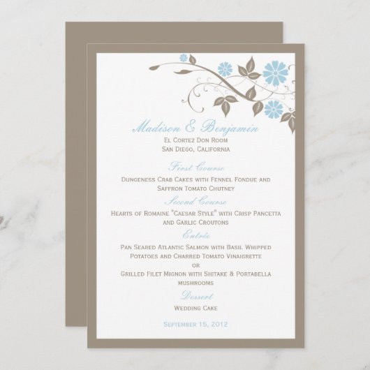 Menu Floral Mariage moderne - Aqua Blue (Devant / Derrière)