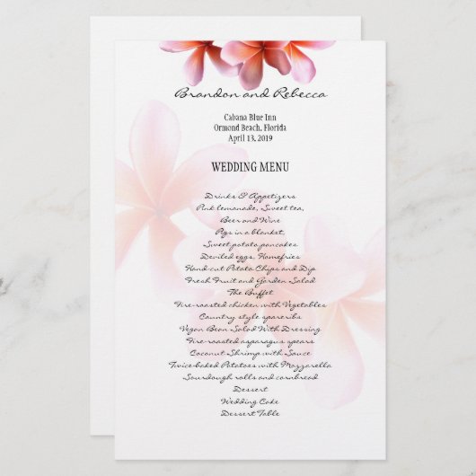 Menu Floral Mariage Plumeria rose (Devant / Derrière)
