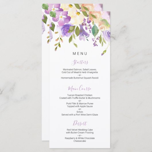 Menu floral mauve (Devant / Derrière)