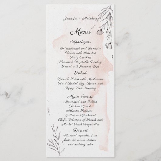 Menu floral moderne aquarelle pêche et gris (Devant)