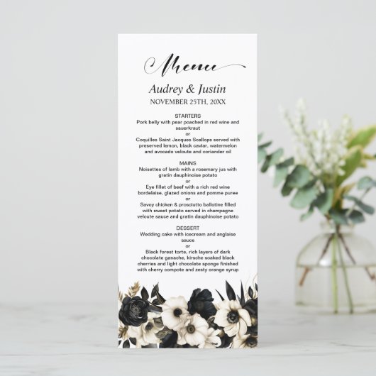 Menu Floral noir et blanc Mariage (Debout devant)