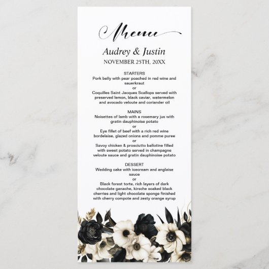 Menu Floral noir et blanc Mariage (Devant)
