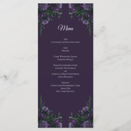 Menu Floral pourpre foncé élégant mariage gothique (Devant)