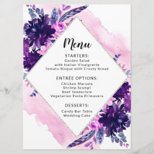 Menu Floral Purple Aquarelle Mariage Réception Dîner