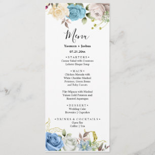 Menu Floral Rose Bleu & Blanc Mariage