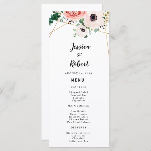 Menu Floral rose Élégant Fleurs modernes Mariage Person (Devant / Derrière)