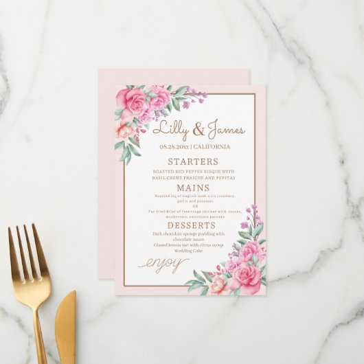 Menu Floral rose Mariage géométrique (Devant/Arrière en situation)
