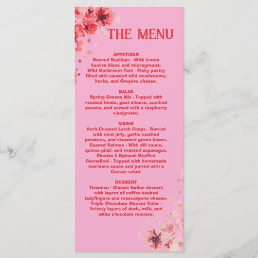 Menu floral rose rouge romantique , Menu de mariag (Devant)