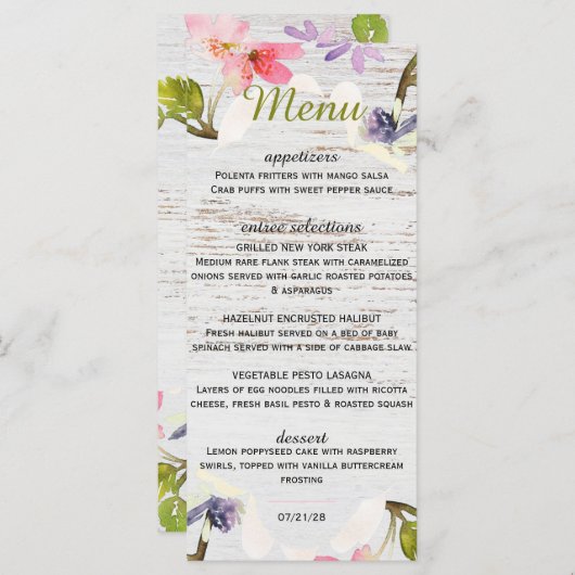 Menu Flores roses rustiques sur bois blanc (Devant / Derrière)