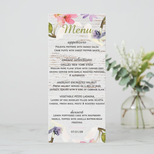 Menu Flores roses rustiques sur bois blanc (Debout devant)
