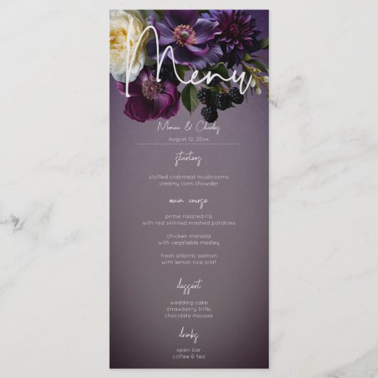 Menu Foncé Moody Purple Lavender Floral Mariage moderne (Devant)