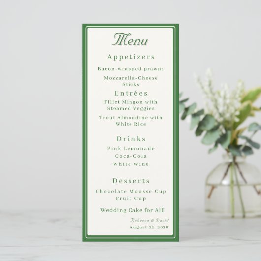 Menu Forest Green Two Hearts Catholic Wedding (Debout devant)