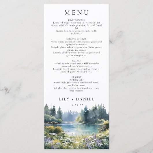 Menu Forest Lakeside Wildflowers Floral Wedding (Devant)