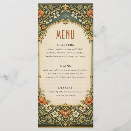 Menu Forêt Enchantée Mariage Vintage Art Nouveau (Devant)