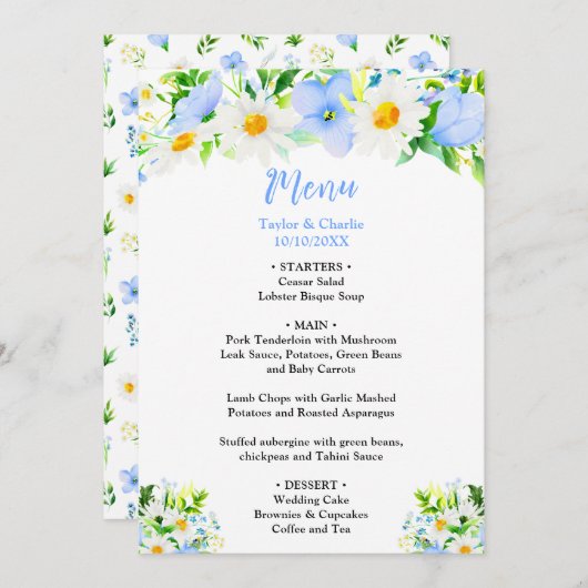 Menu Forget-Me-Nots and Daisies Floral Wedding (Devant / Derrière)