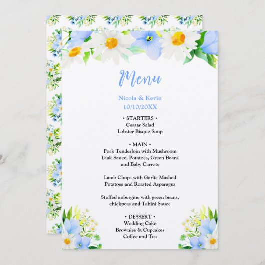 Menu Forget-Me-Nots and Daisies Floral Wedding (Devant / Derrière)
