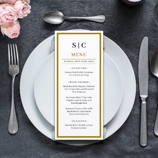 Menu Formal Classic Black Gold Monogram Wedding