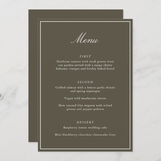 Menu Formal Classic Border Olive Script Elegant Wedding (Devant / Derrière)