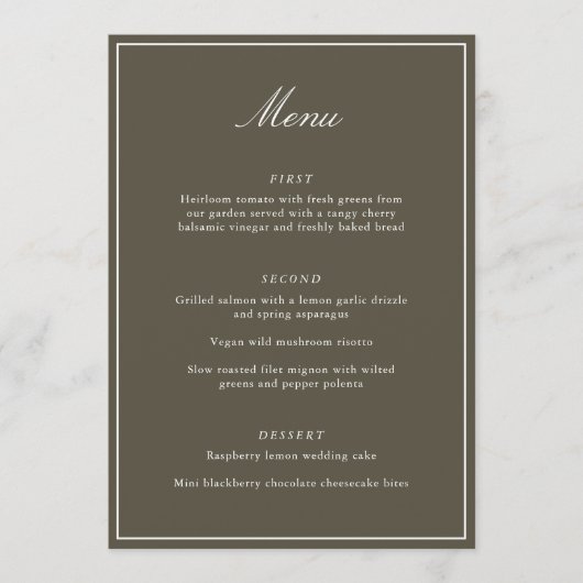 Menu Formal Classic Border Olive Script Elegant Wedding (Devant)