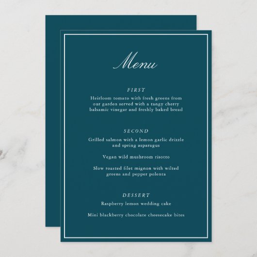Menu Formal Classic Border Teal Script Elegant Wedding (Devant / Derrière)