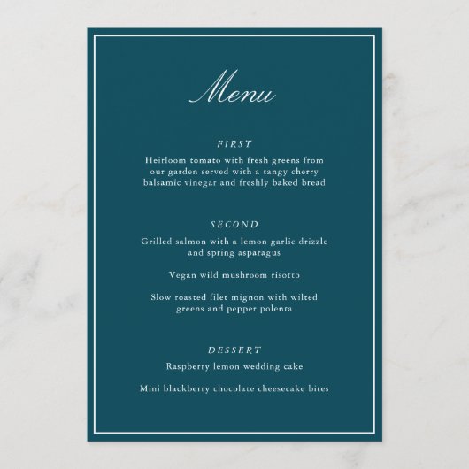 Menu Formal Classic Border Teal Script Elegant Wedding (Devant)