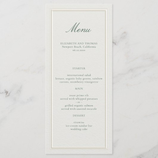 Menu Formal Classic Green Elevated Frame Ecru Wedding (Devant)